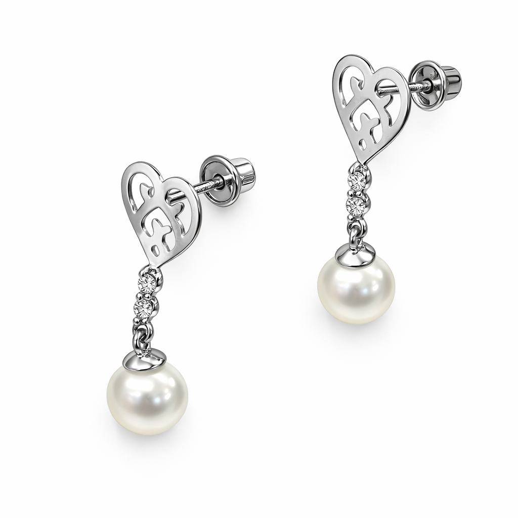 14K White Gold Dangle Earrings With Genuine Freshwater Cultured Pearl  ScrewBack