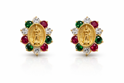14K Yellow Gold Guadalupe Virgin Mary Screw Back CZ Stud Earrings