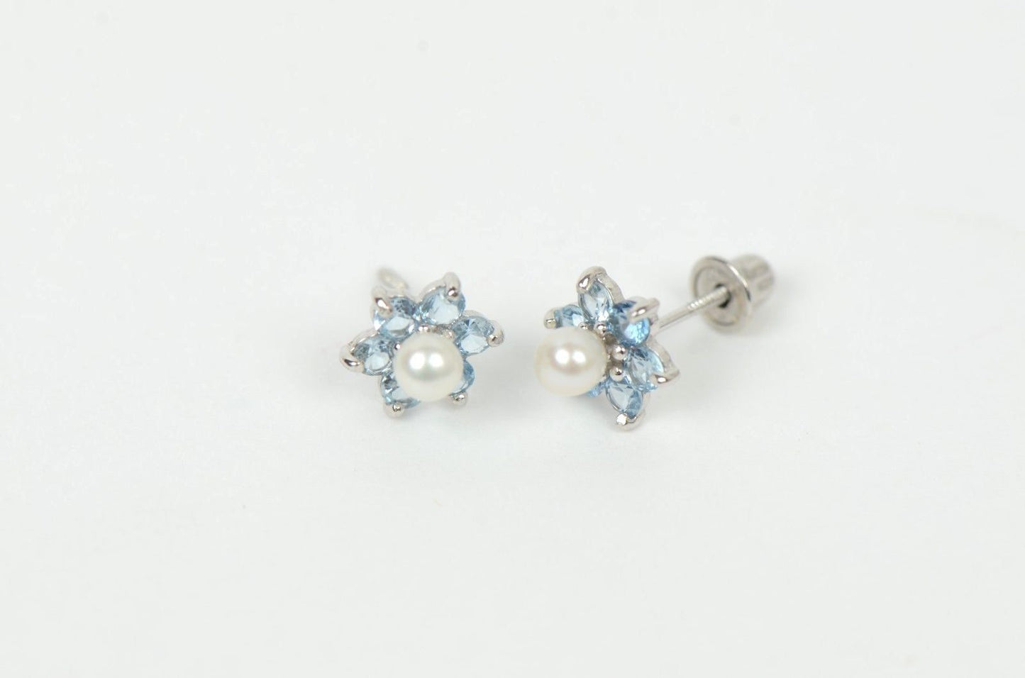 14k White Gold Flower CZ Stud Earrings White Pearl with Screw Back