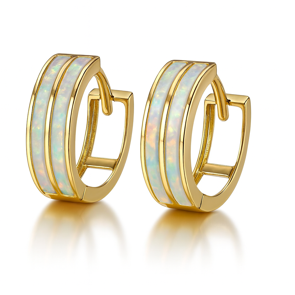 14k Yellow Gold Double Row White Opal Huggie Hoop Earrings