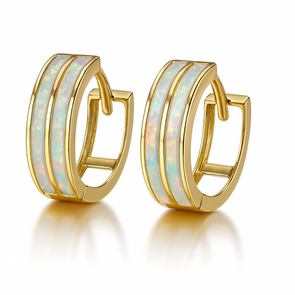 14k Yellow Gold Double Row White Opal Huggie Hoop Earrings