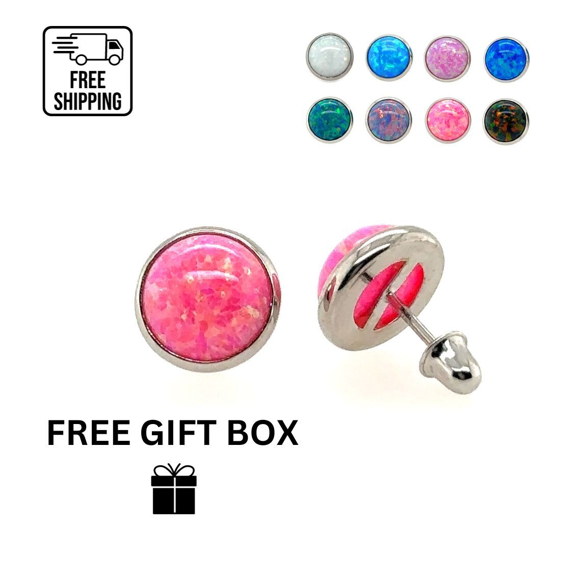 14K White Gold Opal Screw Back Stud Earrings for Women