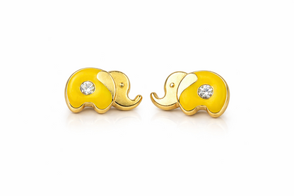 14k Yellow Gold Baby Enamel and CZ Elephant earrings, Screw Back