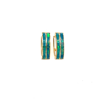 14k Yellow Gold Double Row Dark Green Opal Huggie Hoop Earrings