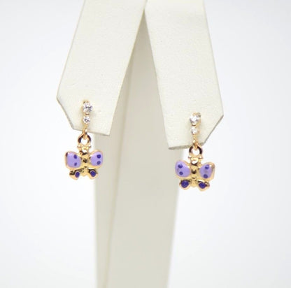 14K Solid Yellow Gold Butterfly Dangle Earring with Enamel