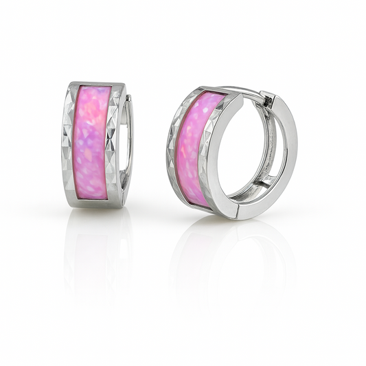 14k White Gold Opal  Light Pink Huggie Hoop Earrings