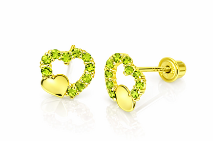 14K Yellow or White Gold Double Heart Stud Earrings with CZ  (Cubic Zirconia)