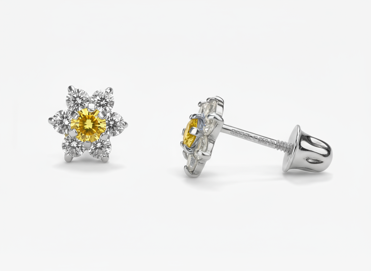14k White Gold Beautiful Flower Shaped Stud Earrings for Women
