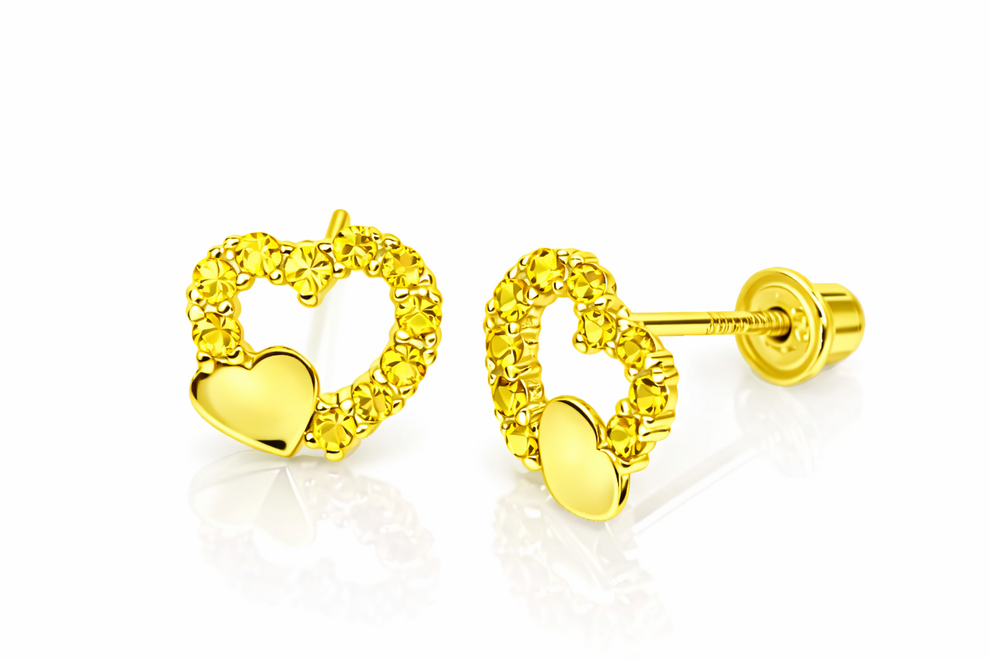 14K Yellow or White Gold Double Heart Stud Earrings with CZ  (Cubic Zirconia)