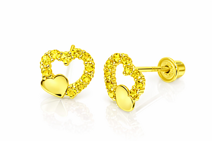 14K Yellow or White Gold Double Heart Stud Earrings with CZ  (Cubic Zirconia)