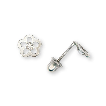 14K Yellow & White Gold Flower Cute CZ Stud Screw back Earrings for Women