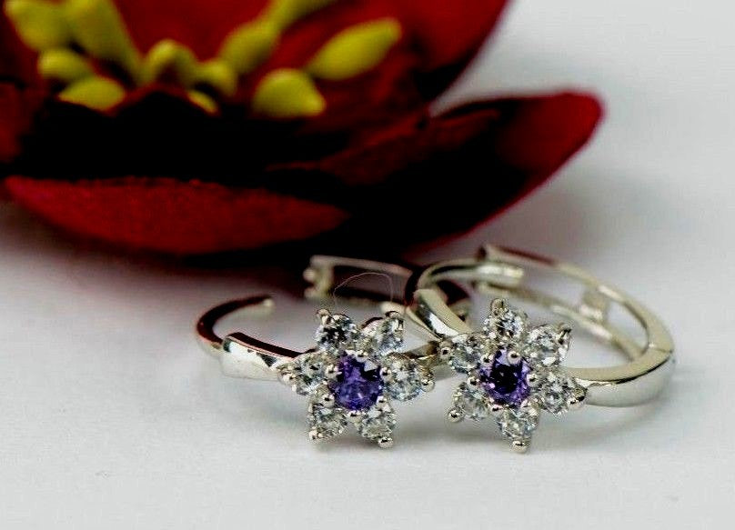 14k White Gold Flower Huggies Hoop Earring Birthstone