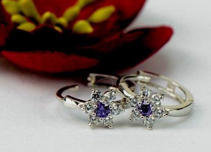 14k White Gold Flower Huggies Hoop Earring Birthstone