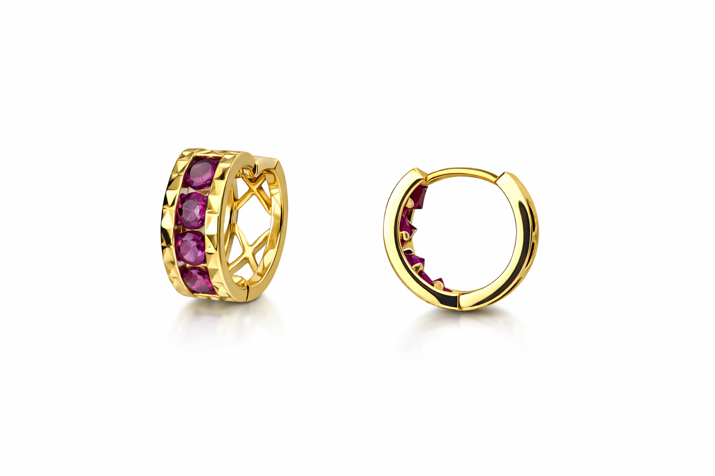 14k Yellow Gold Diamond Cut with Ruby CZ Huggie Earrings