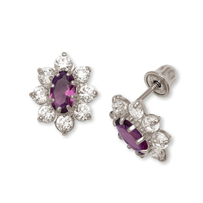 14K Yellow & White Gold CZ Flower Stud Screw Back Earrings for Women