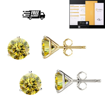 14KGold GRACertifiedD-VVS1 LemonYellow Moissanite Martini PushBack Stud Earrings