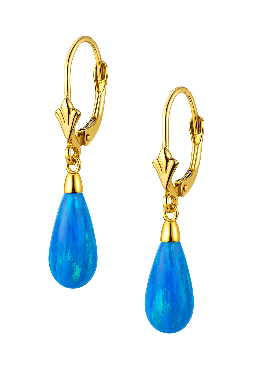 14k Yellow and White Gold  Light Blue Opal Leverback Earrings