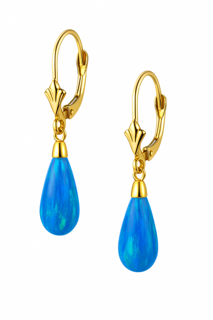 14k Yellow and White Gold  Light Blue Opal Leverback Earrings