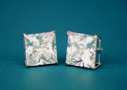 14k Heavy Basket White Gold Square AAA Quality CZ Stud Earrings with Screw Back