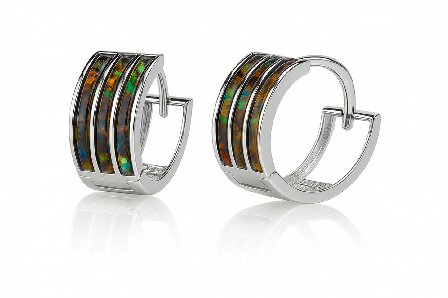 14k White Gold Triple Row Black Opal Huggie Hoop Earrings