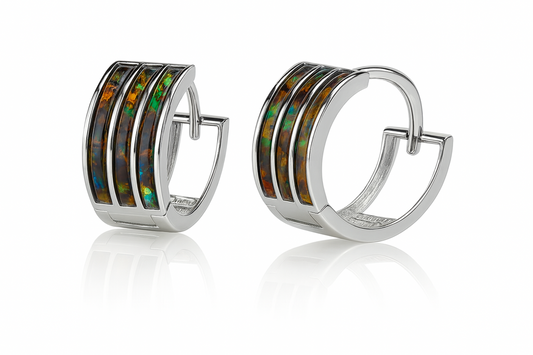 14k White Gold Triple Row Black Opal Huggie Hoop Earrings