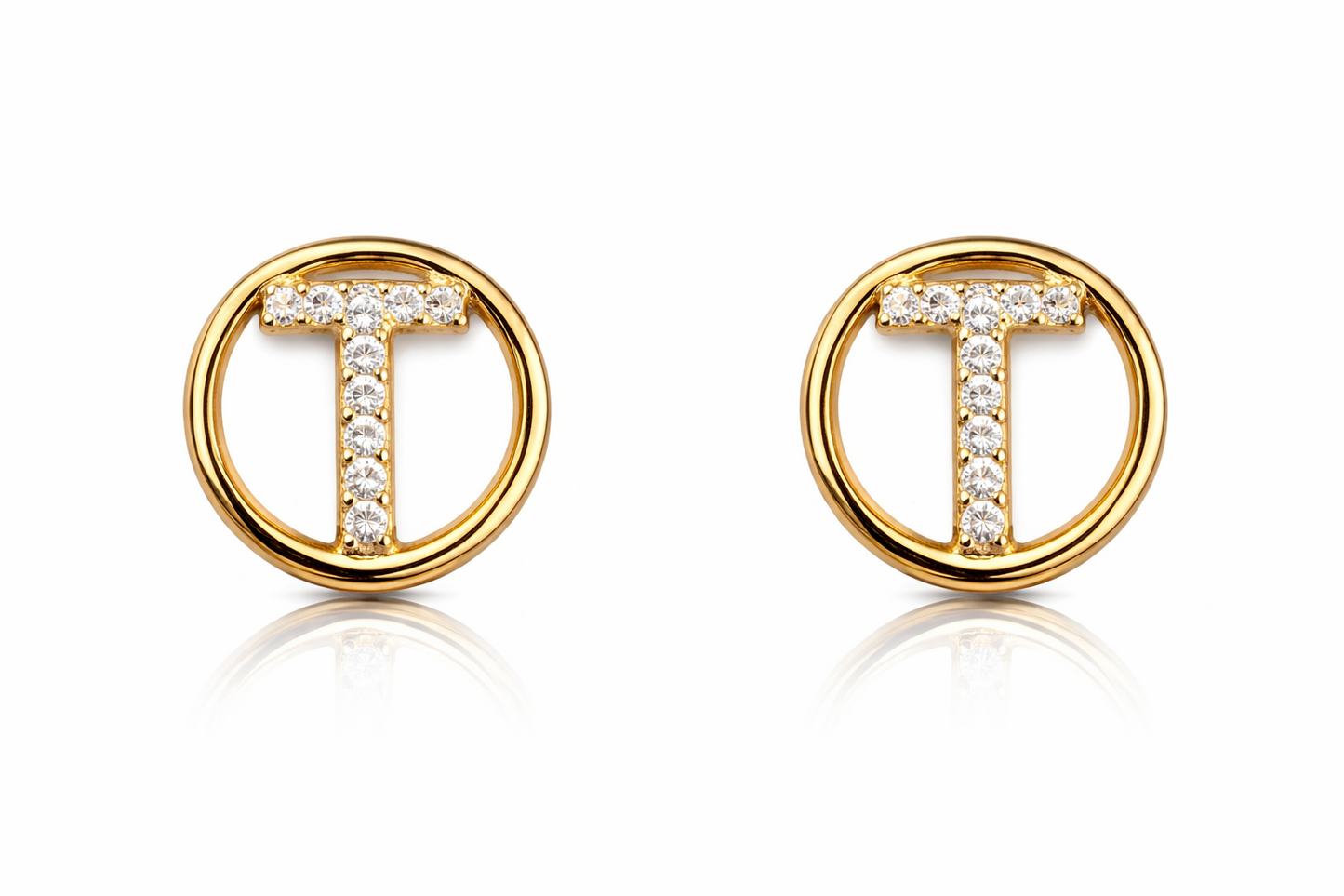 14k Yellow or White Gold Round Initial Letters CZ Stud Earrings