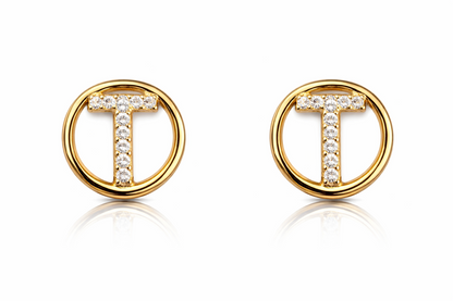 14k Yellow or White Gold Round Initial Letters CZ Stud Earrings