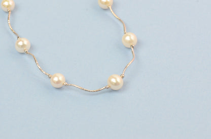 14k White Gold Beautiful Genuine White Pearls Set: Necklace, Bracelet, Earrings