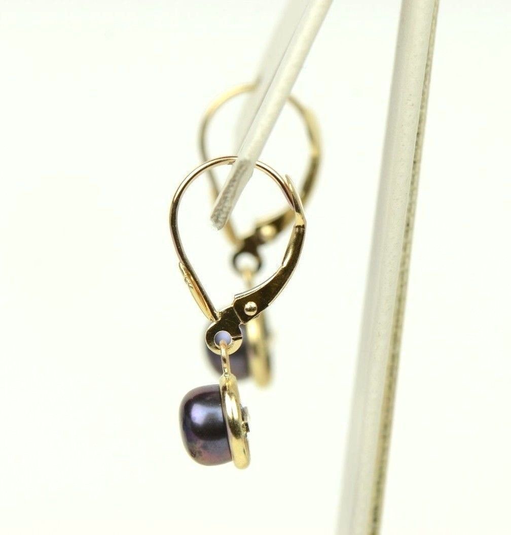 14k Yellow Gold Black Natural Pearl Dangle Earrings