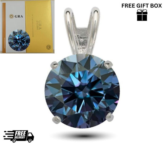 14K Gold GRA Certified D-VVS1 Round Blue Moissanite Pendant