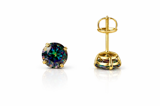 14K Gold GRA Certified D-VVS1 Rainbow Green Moissanite Screw Back Studs Earrings