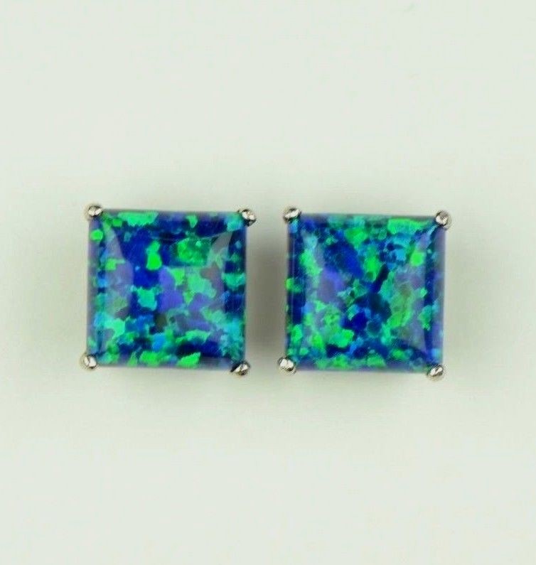 925 Sterling Silver Square Opal stud Earrings