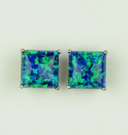 925 Sterling Silver Square Opal stud Earrings