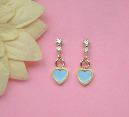 14K Solid Yellow Gold Enamel Heart Shape Dangle Stud Earring