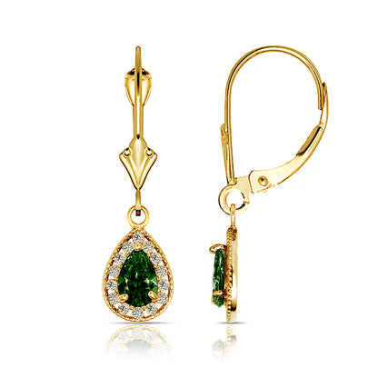 14k Yellow Gold Halo CZ Tear Drop Dangle Leverback Earrings