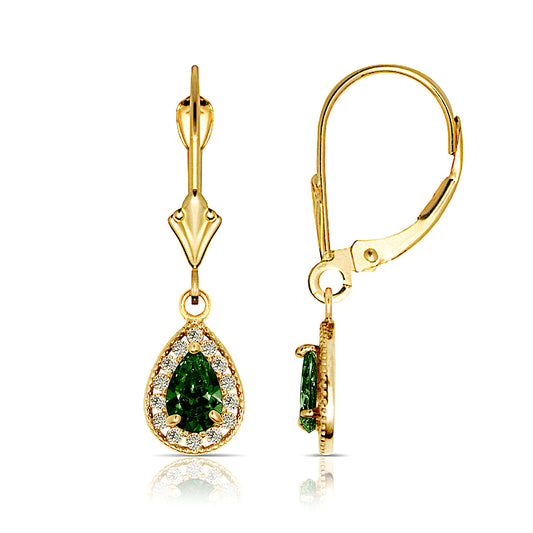 14k Yellow Gold Halo CZ Tear Drop Dangle Leverback Earrings