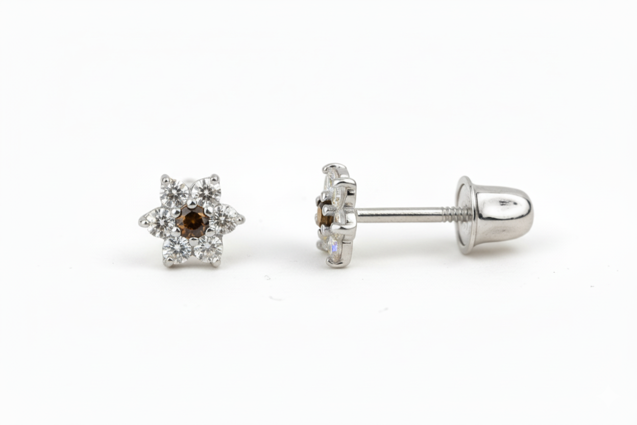 14K White Gold Classic Flower CZ  Stud Earrings for Women