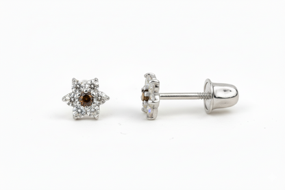 14K White Gold Classic Flower CZ  Stud Earrings for Women