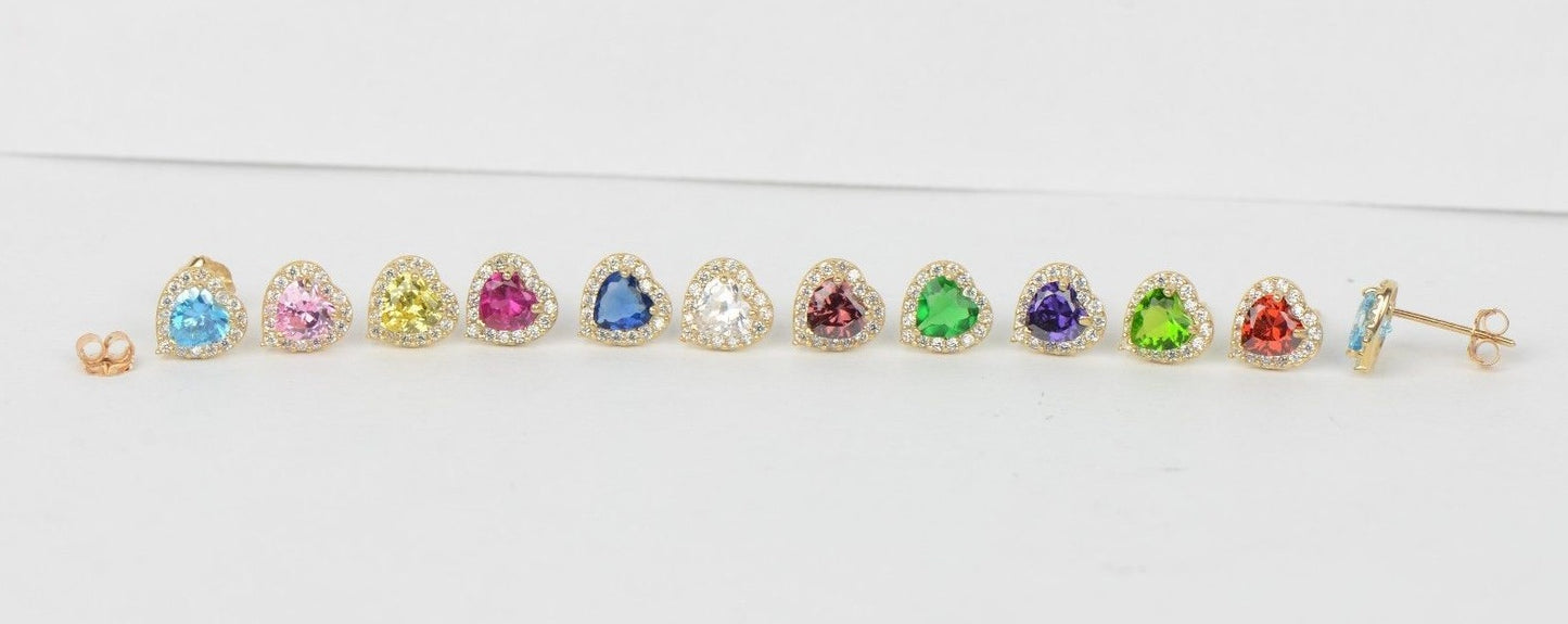14k Solid Yellow Gold Halo Heart Stud Earrings with Push Back
