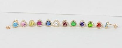 14k Solid Yellow Gold Halo Heart Stud Earrings with Push Back