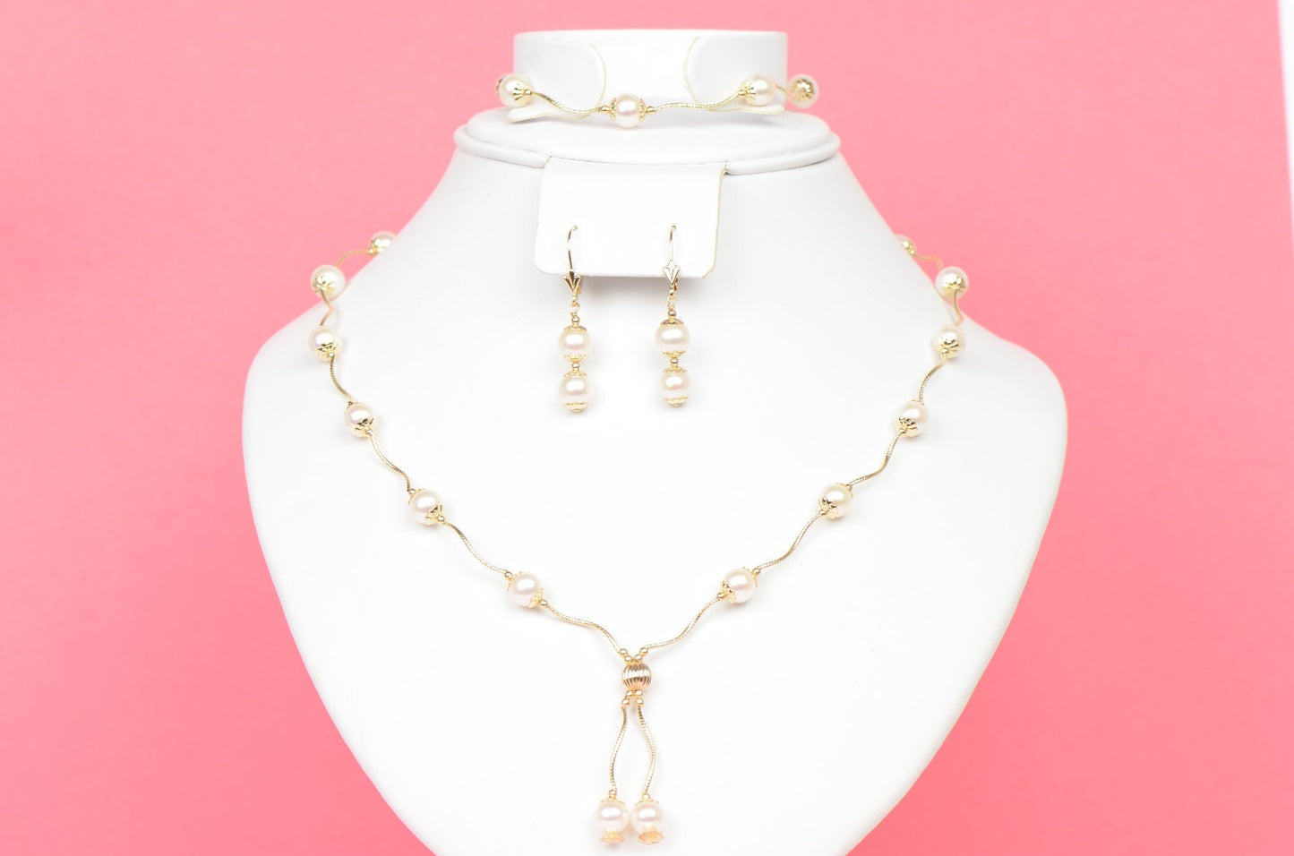 14k Yellow Gold Genuine White Pearls 3pcs Women Set:Necklace, Bracelet, Earrings