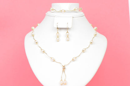 14k Yellow Gold Genuine White Pearls 3pcs Women Set:Necklace, Bracelet, Earrings