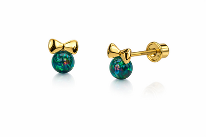 14k Yellow Gold Bow Tie Opal Stud Earrings/ Screw Back