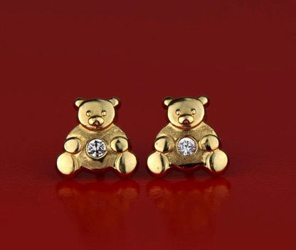 14k Yellow Gold CZ Bear Stud Earrings