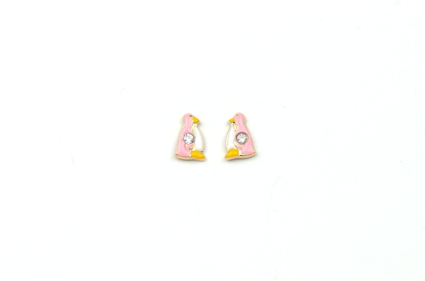 14k Yellow Gold Beautiful Enamel and CZ Penguin Baby Earrings, Screw Back
