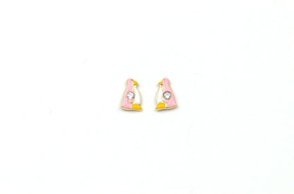 14k Yellow Gold Beautiful Enamel and CZ Penguin Baby Earrings, Screw Back