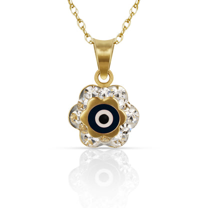 14k Yellow or White Gold CZ Flower Evil Eye Pendants