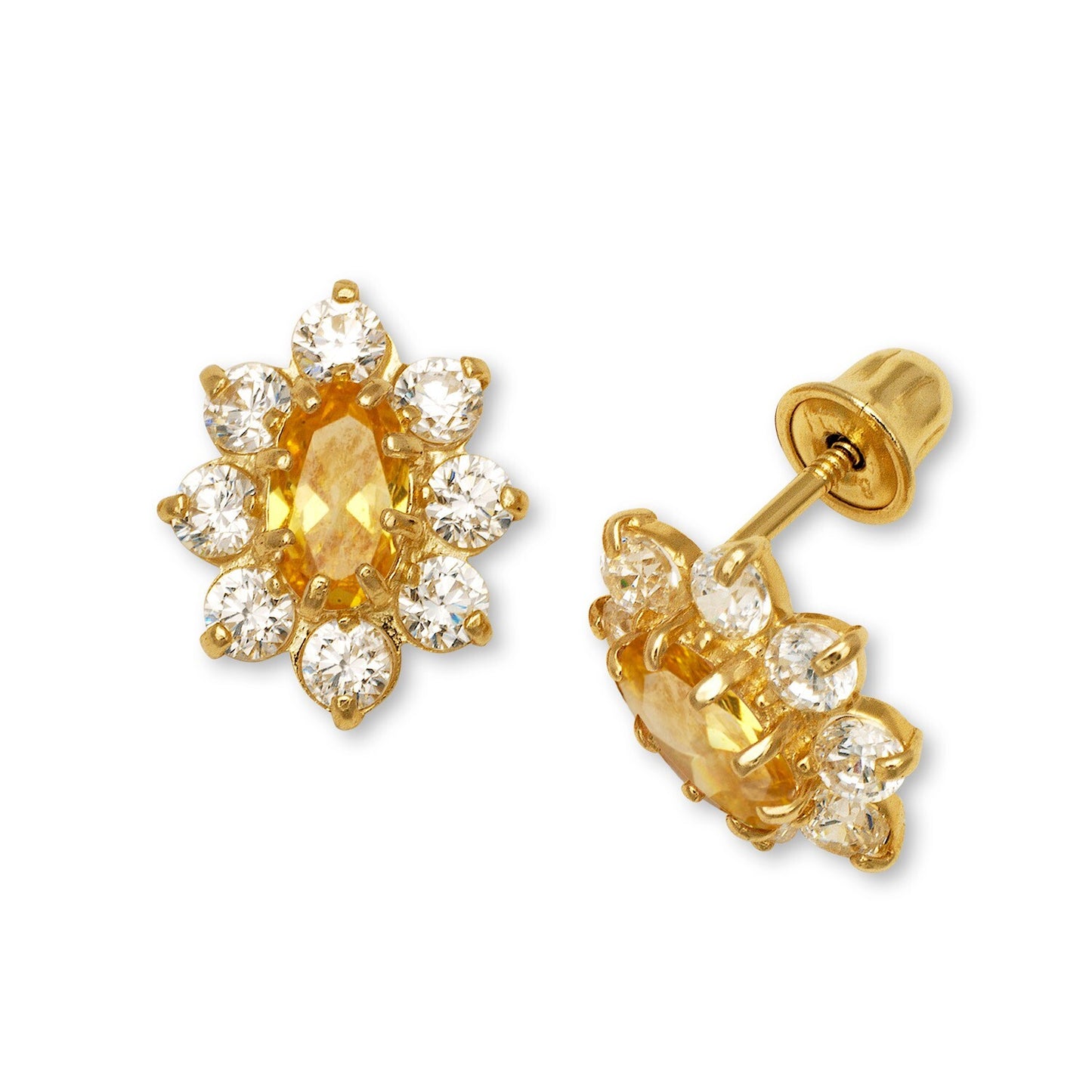 14K Yellow & White Gold CZ Flower Stud Screw Back Earrings for Women