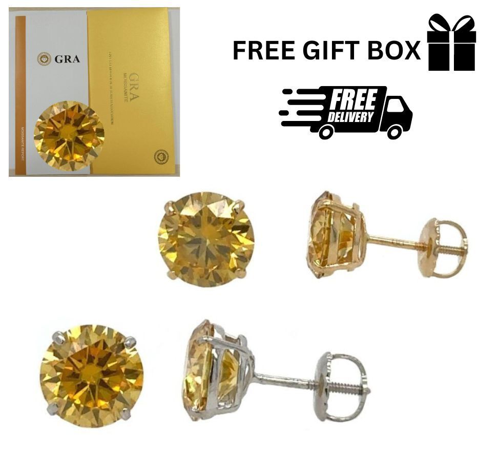 14K Gold GRA Certified D-VVS1 Round Yellow Moissanite Screw Back Studs Earrings