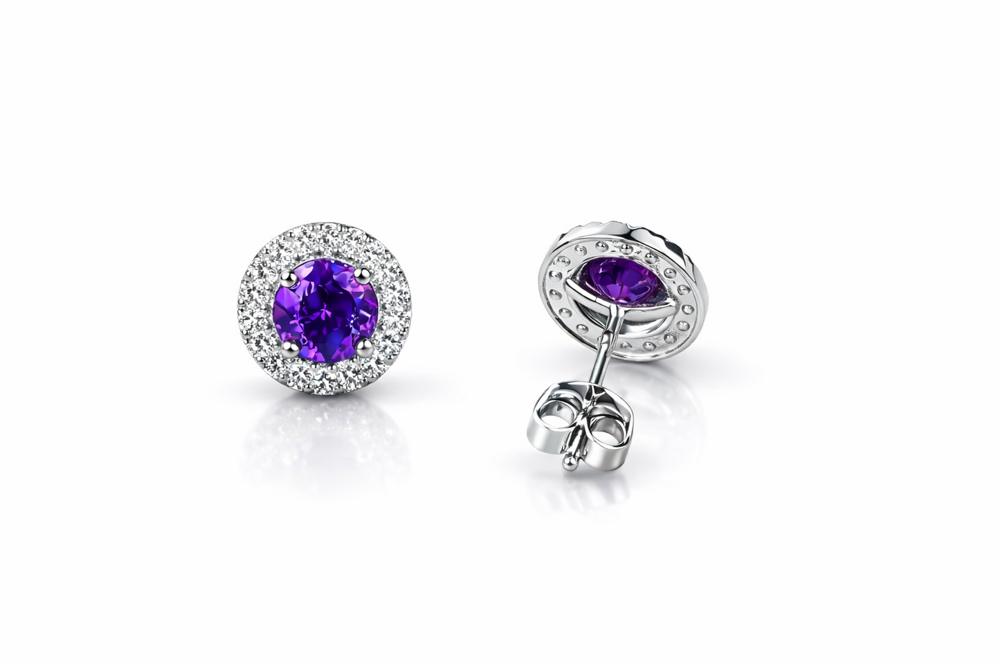 14k White Gold Cubic Zirconia Halo Round Stud Push Back Earrings